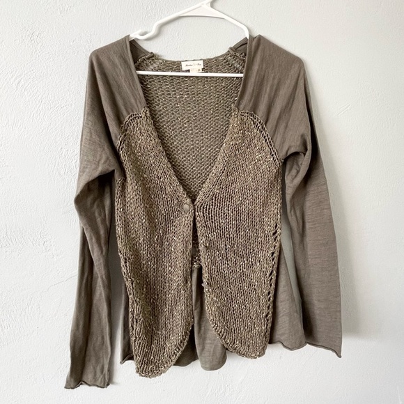 Anthropologie Meadow Rue Green Gold Knit Cardigan Sweater Ruffle Button Top Boho - Picture 1 of 11